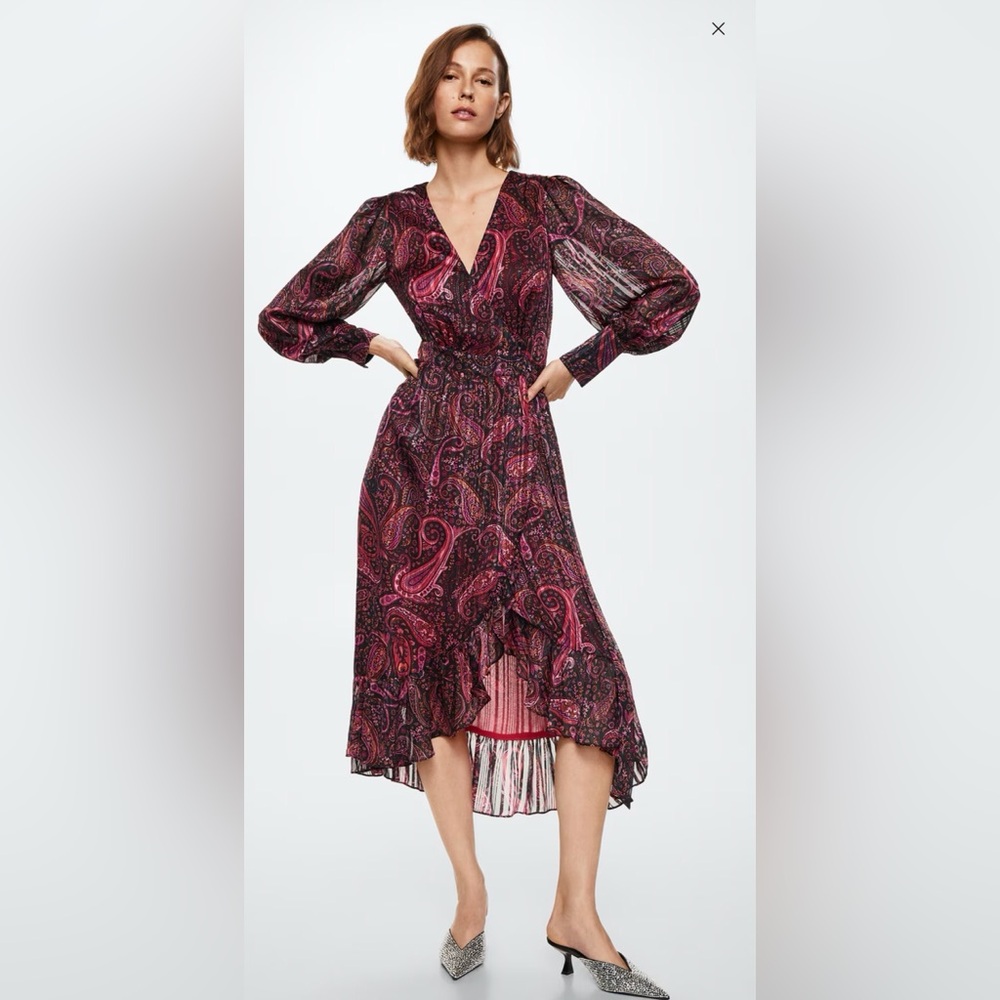 Mango Ruffle Paisely print wrap dress NWOT sz 6